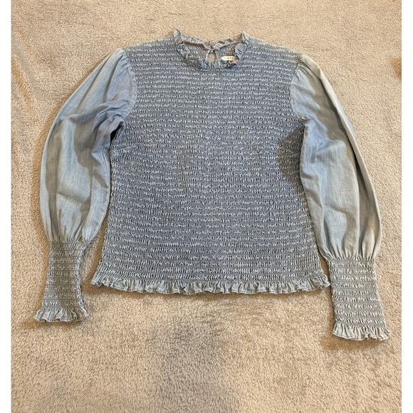 Veronica Beard Tops - Veronica Beard Chambray Smocked Denim Top Ruffle Neck Puff Sleeve Blouse Women 2